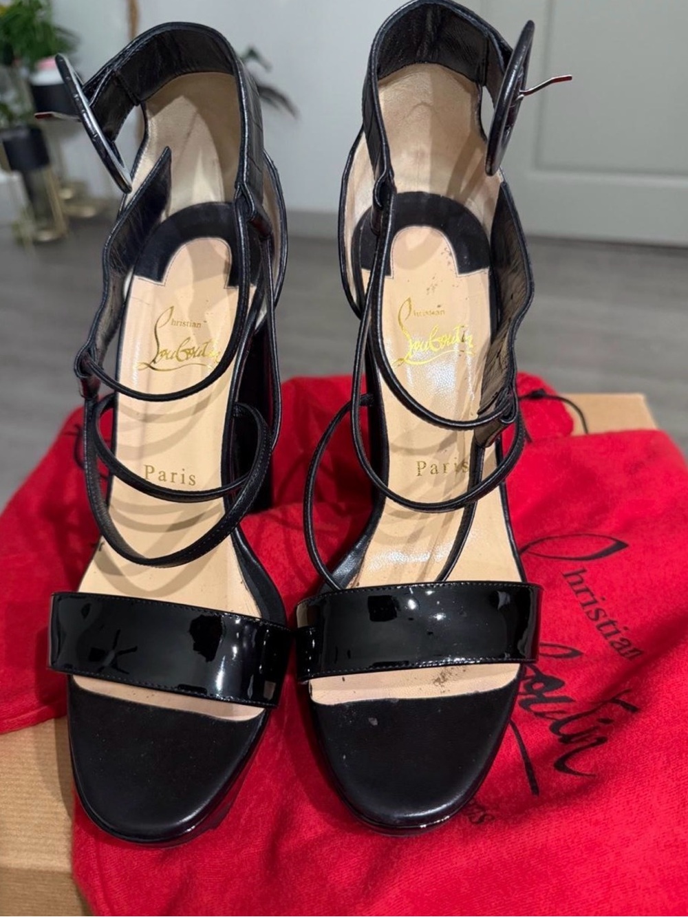 Christian Louboutin Black Patent Strappy High Heels with Ankle Buckles